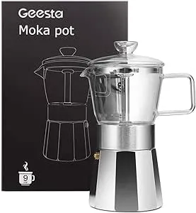 Geesta Premium Crystal Glass-Top Stovetop Espresso Moka Pot - 9 Cup - Coffee Maker, 360ml/12.7oz/9 Cup (ESPRESSO cup=40ml) Gift Idea for Husband Wife