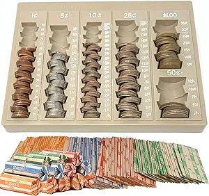 Coin Counter and Sorters Money Tray – Bundled with 64 Coin Roll Wrappers – 6 Storage Compartment Change Organizer and Holder - Ideal Coin Dispenser for Bank Tellers Business or Home Use