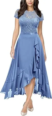 Miusol Women's Retro Lace Contrast Chiffon Ruffle Evening Maxi Dress