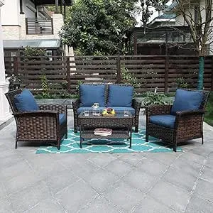 PHI VILLA Outdoor Rattan Patio Furniture Set Clearance 4 Piece Conversation Set Wicker Furniture Sofa with Seat Cushions