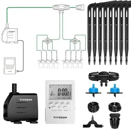 VIVOSUN Professional Automatic Drip Irrigation Kits, 15W Output, All in One Professional Grow Kit- Includes Pump, Timer and Regulator, 8 Drip Emitters