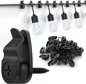 Outdoor String Lights Clips, Weatherproof Cable Hanger Hooks for Hanging Fairy Lights, Holiday Decor - Black, 50 Pack