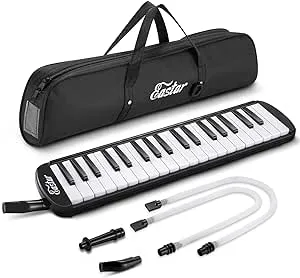 Eastar 37 Keys Melodica Instrument, Soprano Melodica Air Piano Keyboard Pianica with 2 Soft Long Tubes, Short Mouthpieces, Carrying Bag, Black