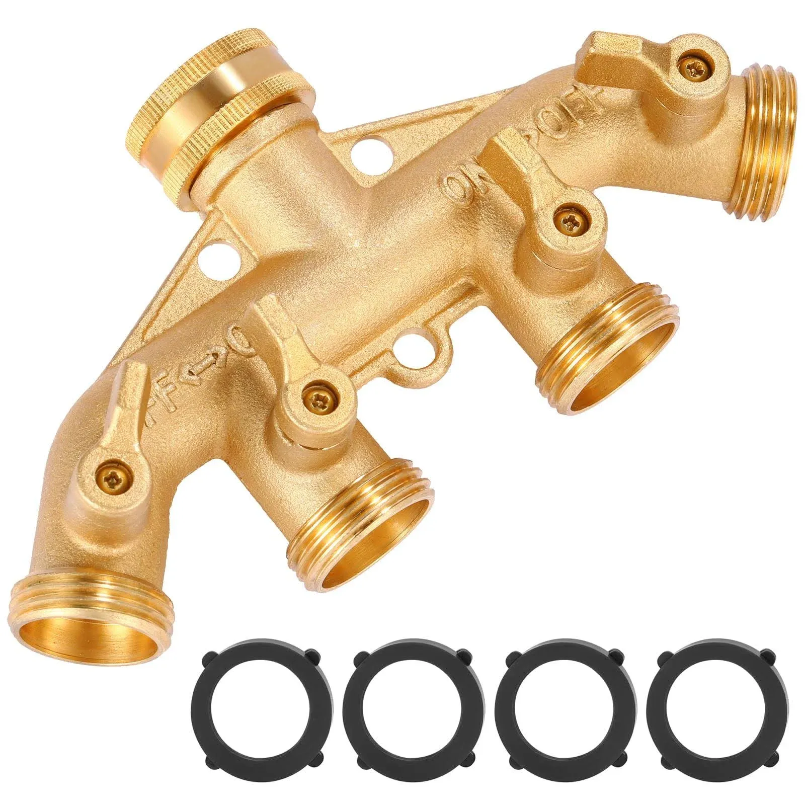 4 Way Heavy Duty Brass Garden Hose Splitter, Hose Connector 3/4", Hose Spigot Adapter with 4 Valves