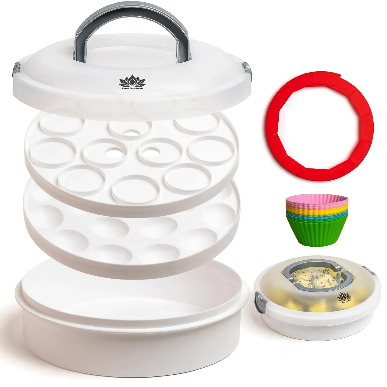 Lotus Fine Goods Premium 4 in 1 Cupcake Carrier with Lid - Cupcake, Deviled Egg, Pie & Cake Container - Includes Pie Crust Shield & 12 Silicone