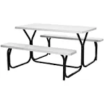 HDPE Picnic Table Bench Set Outdoor Camping Table All-Weather Metal Base Wood-Like Texture with 2 Built-in Benches