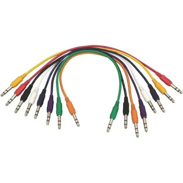 OnStage Hot Wires Straight 1/4'' TRS Patch Cables, Assorted, 17'' (8 Pack)