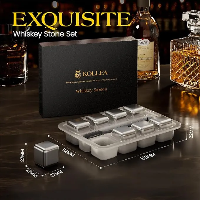 Kollea Whiskey Stones, 8 Packs Stainless Steel Whiskey Chilling Rocks, Reusable Ice Cube for Drinking, Cool Christmas Birthday Gift for Men Dad, Whiskey Lovers, Bourbon, Cognac, Scotch, Gin, Beverage