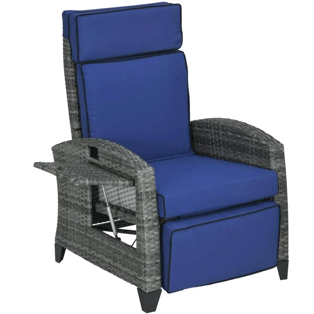 Outsunny Outdoor Recliner Chair with Cushions, Reclining Patio Lounge Chair with Adjustable Footrest, Armrests, Tray Table, Blue