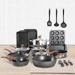 30-Piece Kitchen Black Granite Cookware and Bakeware Set, Cooking Pans Set Non-Stick Pots and Pans Set - 30 Piece