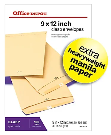 Office Depot Manila Envelopes 9" x 12" Extra Heavyweight Clasp Closure Box