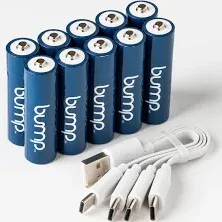 BUMP AA USB-C Rechargeable NiMH Batteries - 10 Pack - Sustainable & Cost-Effective Alternative to Lithium Ion - Fast Charging, Long-Lasting Power - 2 Charging Cables Included