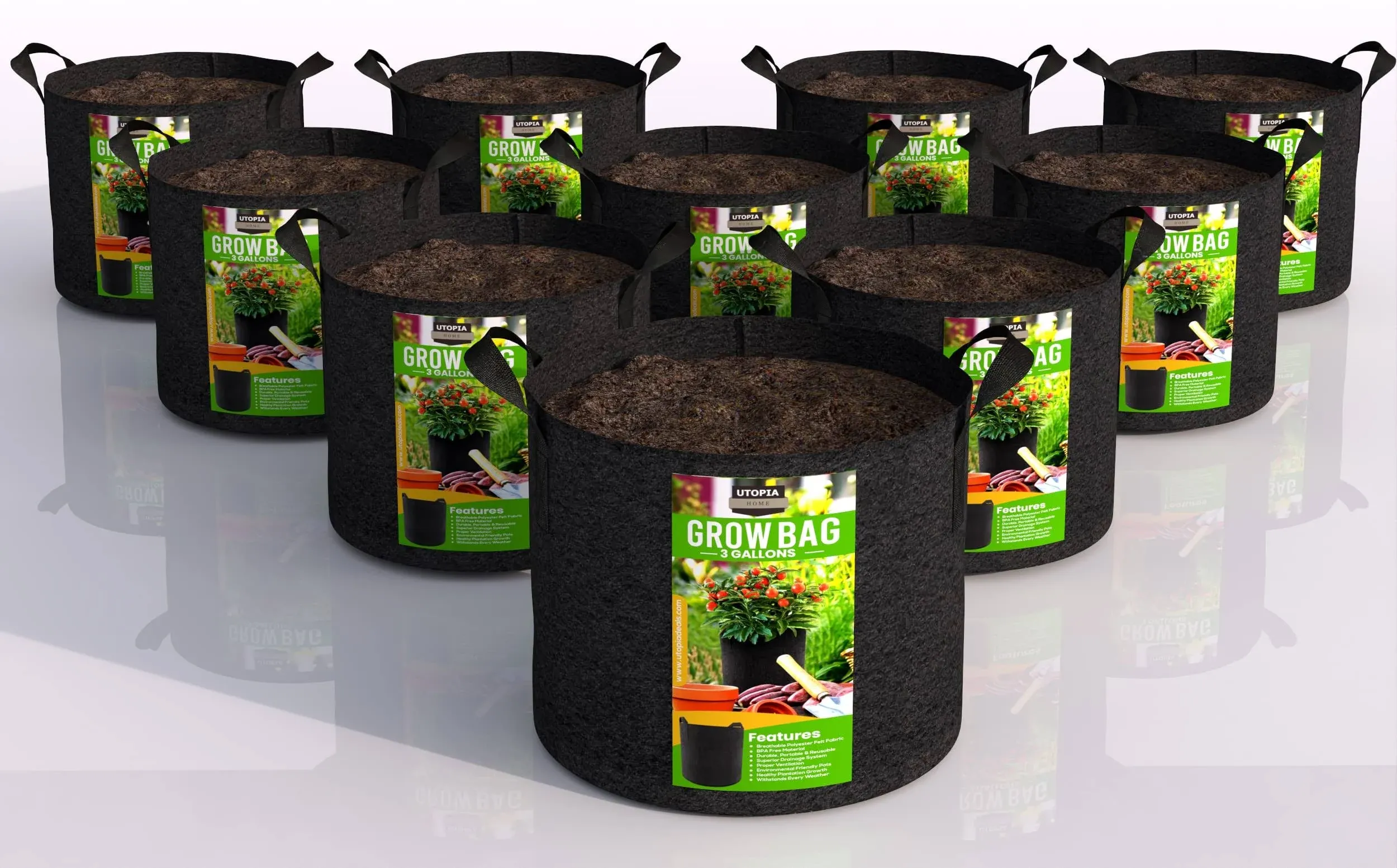 Utopia Home 10-Pack 3 Gallon Fabric Grow Bags, 300 G Thickened Nonwoven Fabric Planters Pots, Aeration Fabric Pots with Handles, Nonwoven Fabric Bags Suitable for Vegetables Flowers Mushroom