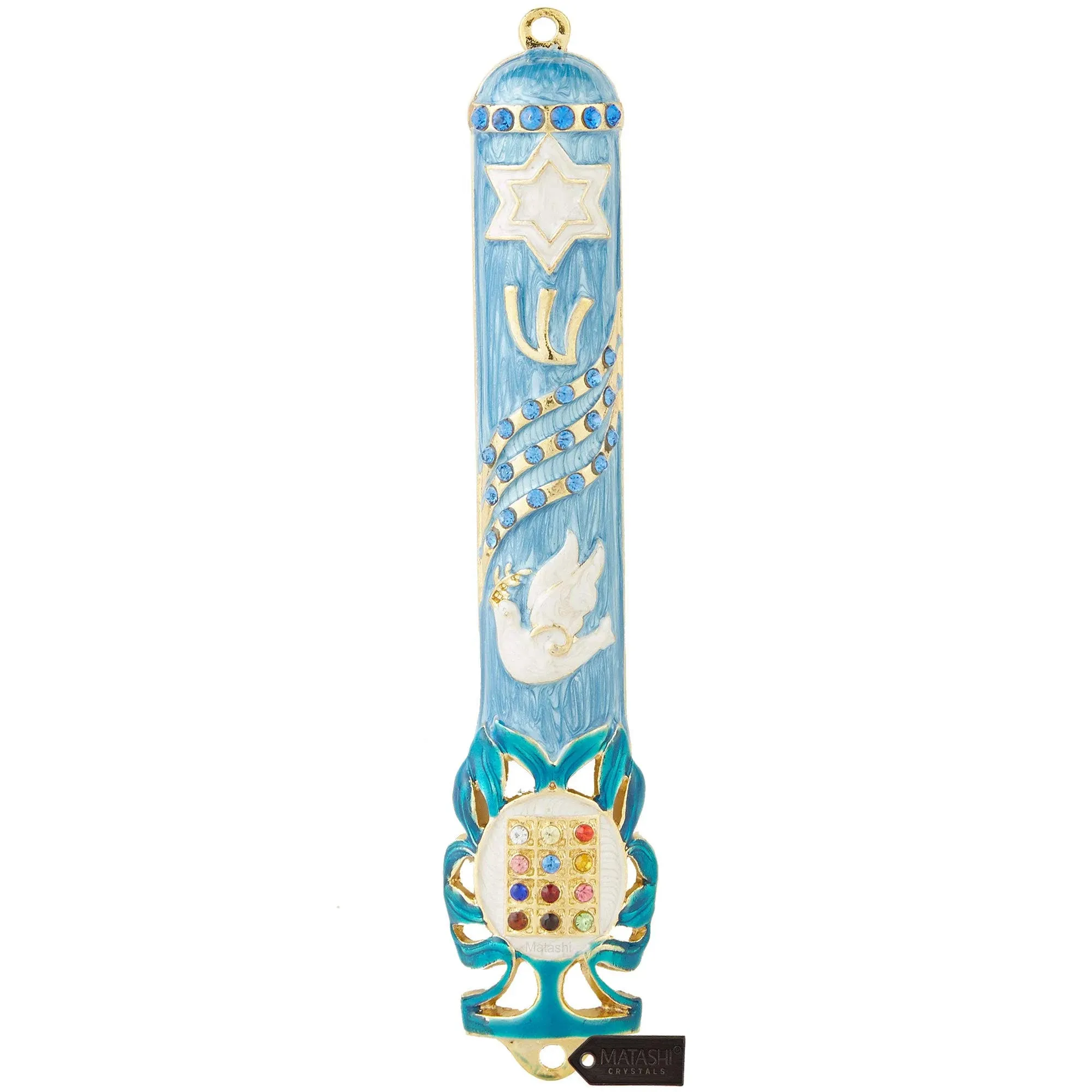 matashi Hand Painted 5.7&#034; Blue Dove Mezuzah Embellished with Gold Accents