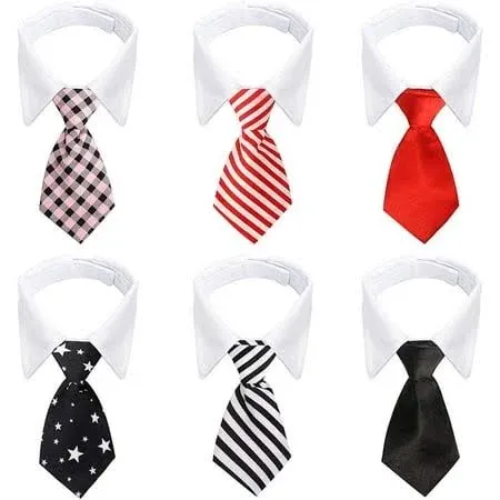 Dog Neckties Puppy, 6pcs Formal Classy Pet Neck Ties Little Dog and Kitten Suit, White Cat Collar with Black Red Pink Tie, Tuxedo Bow Tie Collar for