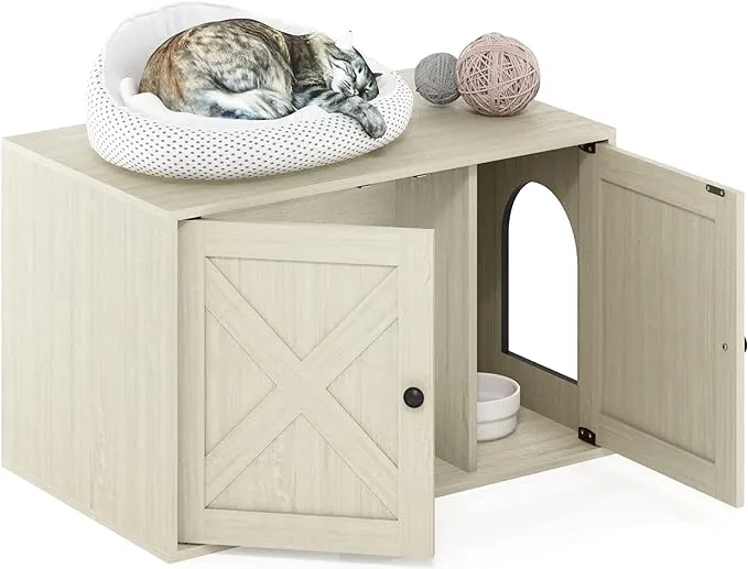 Furinno Peli Farmhouse Cat Litter Box Enclosure, White Wash