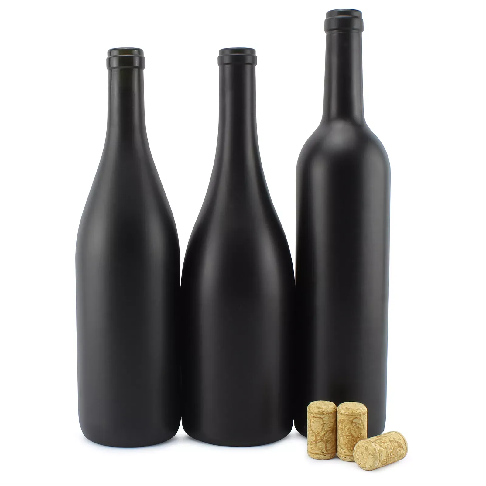 Cornucopia Brands Black Wine Bottles w/Corks, 3PC Set; Black Matte Coated Glass Wine Bottles Various Sizes