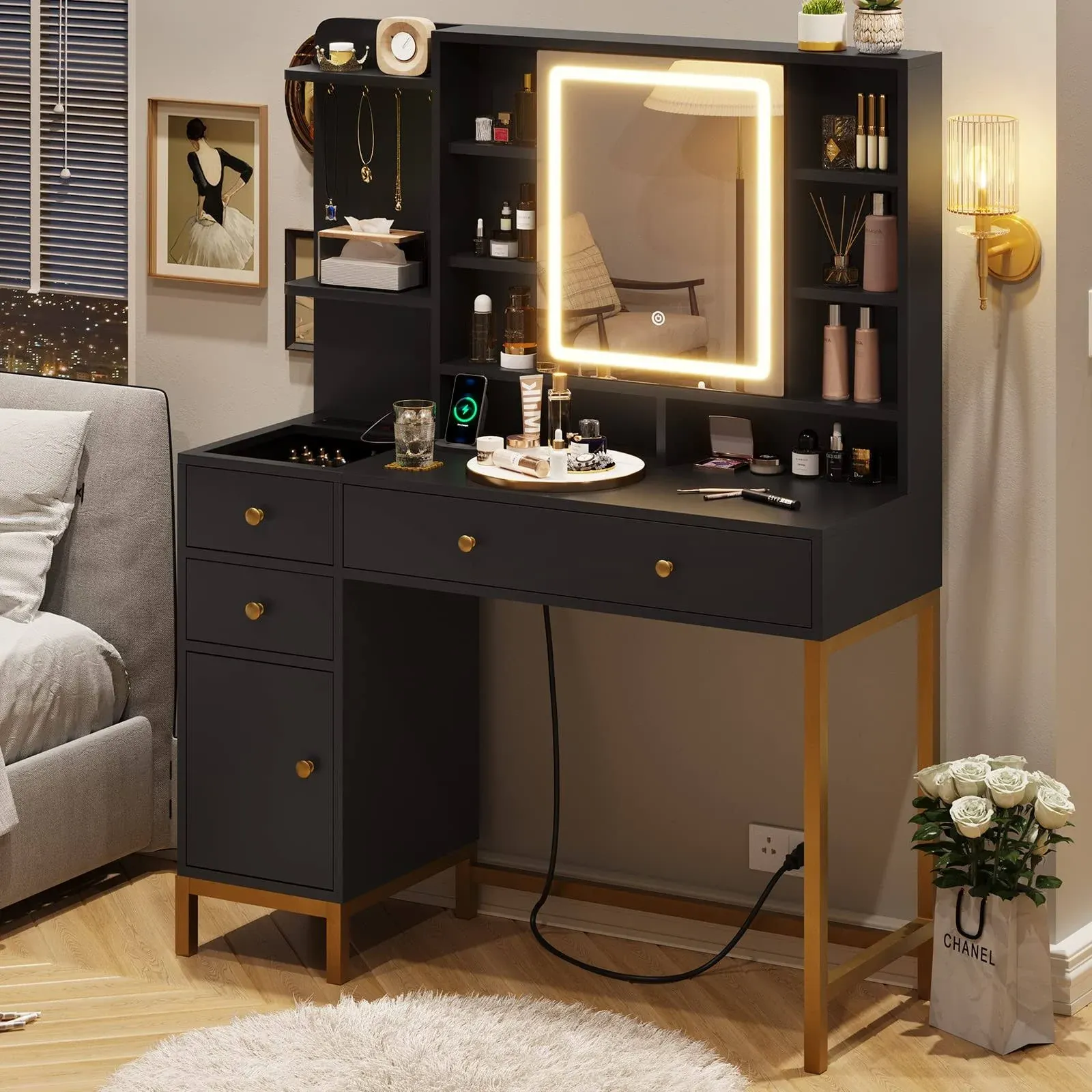 VIAGDO Vanity Desk with Openable Mirror and Lights, Black Makeup Vanity with Lights & Charging Station, Bedroom Vanity Table with 3 Drawers, Hooks, Hi