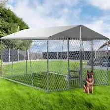 Upgraded 10x10x7FT Outdoor Dog Kennel with Roof and Bowls, Large Dog House Pen Enclosure with Sidebar, Heavy Duty Chain Link Dog Cage Run with Openable Feeding Doors