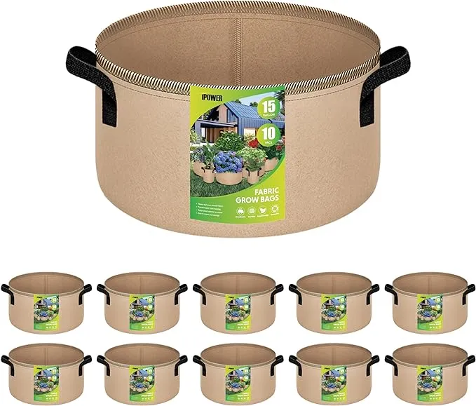 iPower 20 Gallon 10 Pack Grow Bags Nonwoven Fabric Pots Aeration Container with Strap Handles for Garden and Planting, 10-Pack Tan, 20 Gallon