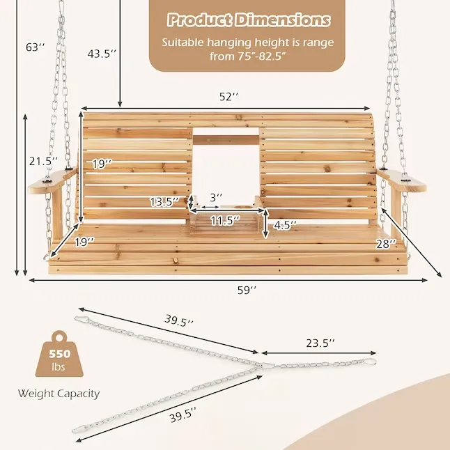 Costway 2-person Natural Wood Outdoor Swing