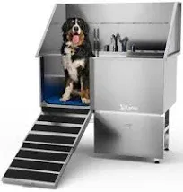 KANIS Professional Stainless Steel Dog Bathing Station - Dog Grooming Tub w/Ramp, Storage Drawer, Floor Grate & Faucet/Dog Bathtub for Large, Medium & Small Pets (61", Right RAMP - 1 Drawer)