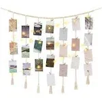 Macrame Hanging Photo Display Wall Decor with String Lights, Boho Wooden Beads Garland Collage Picture Card Frame Holder with 45 Clips for Bedroom Living Room Dorm, Teen Girl Teenage Gifts