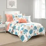 Lush Decor Coastal Reef Feather Reversible Oversized 5 Piece Quilt Set, Twin/Twin-XL, Blue & Coral