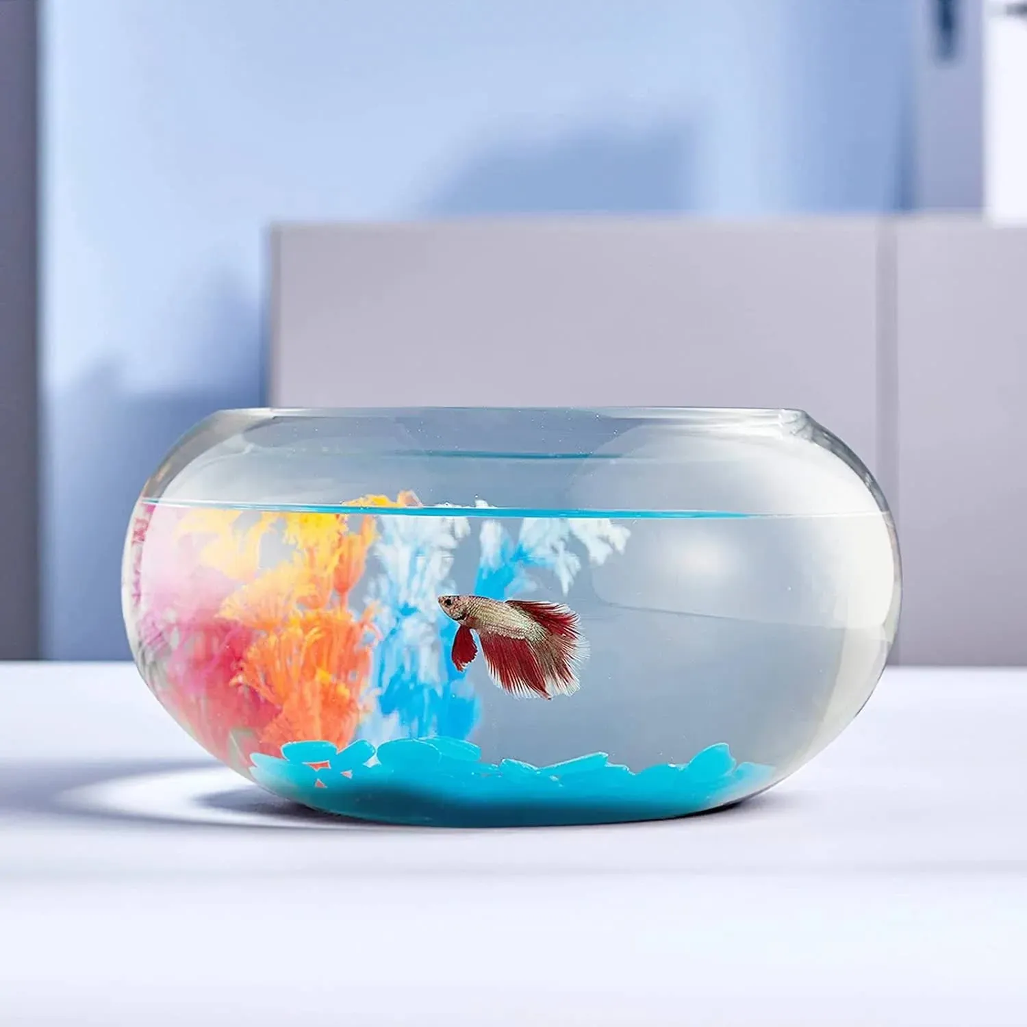 2 Gallon Glass Fish Bowl with Decor, Include Fluorescent Stones & Colorful Plastic Trees, High White Glass for Clear View, Small Fish Bowl/Vase/Aquarium for Betta Fish/Goldfish, Nice Home Décor