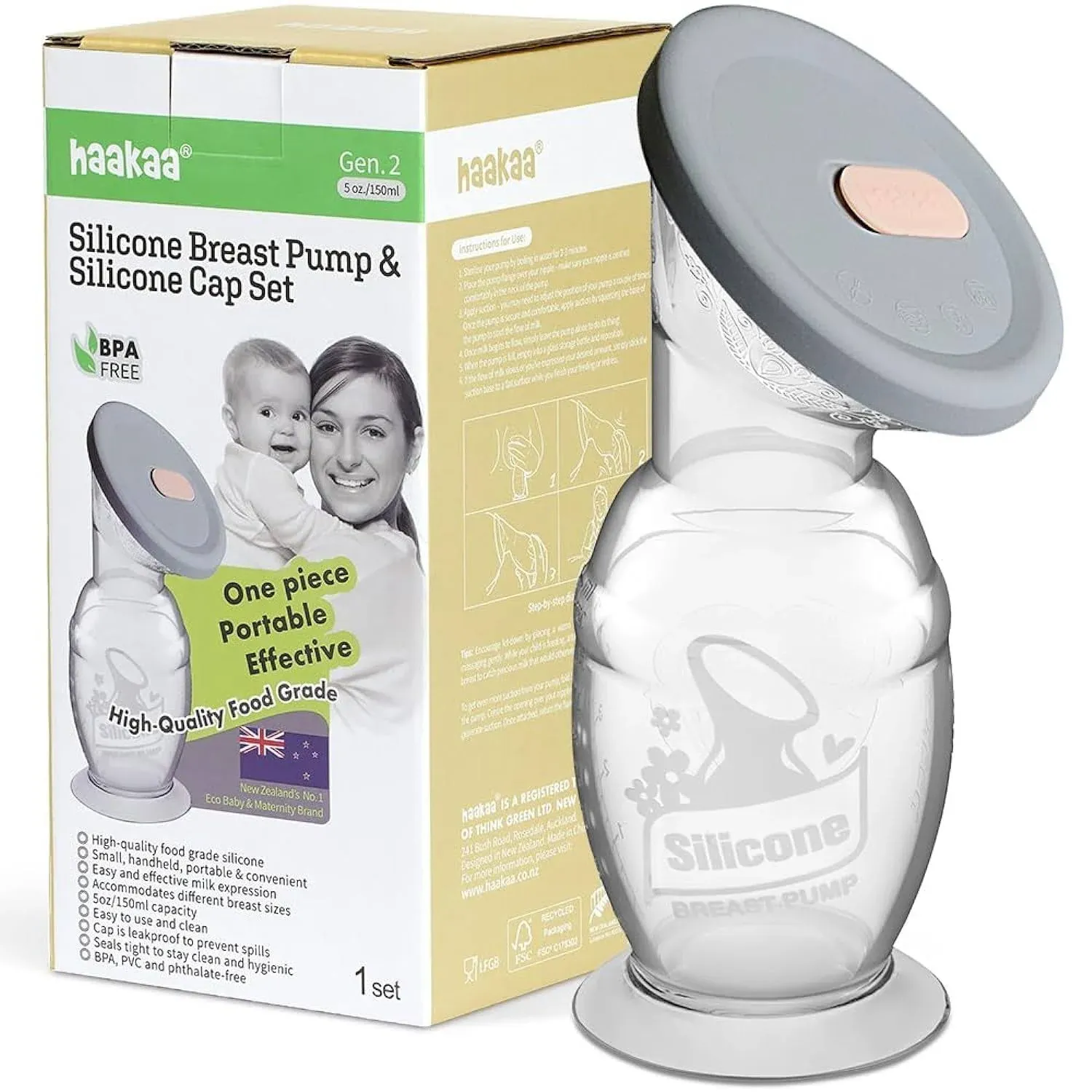 haakaa Manual Breast Pump for Breastfeeding, Silicone, Clear 4oz/100ml