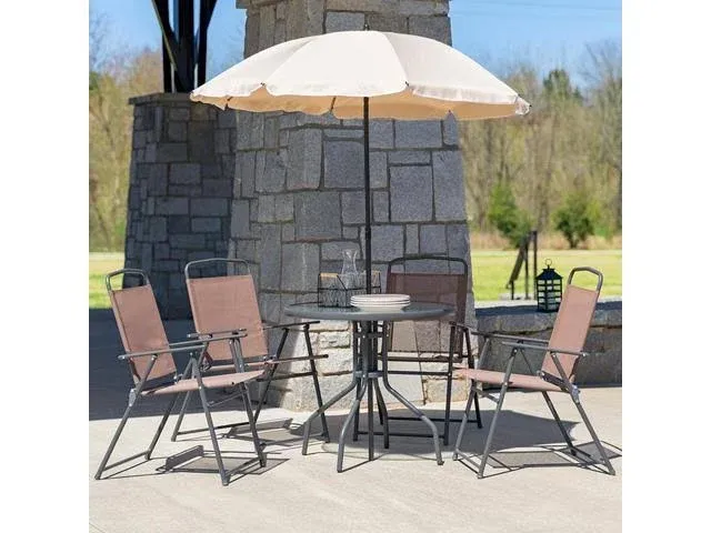 Flash Furniture Nantucket 6-Piece Patio Garden Table Set with Umbrella and 4 Folding Chairs