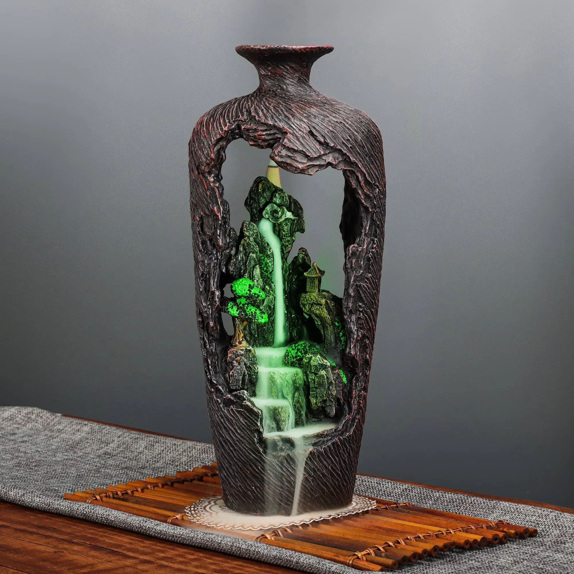 DOBEHOME Mountain Waterfall Incense Burner Backflow Incense Burner Incense Fountain Smoke Waterfall with 20 Backflow Incense Conestweezermat (Vase Sha