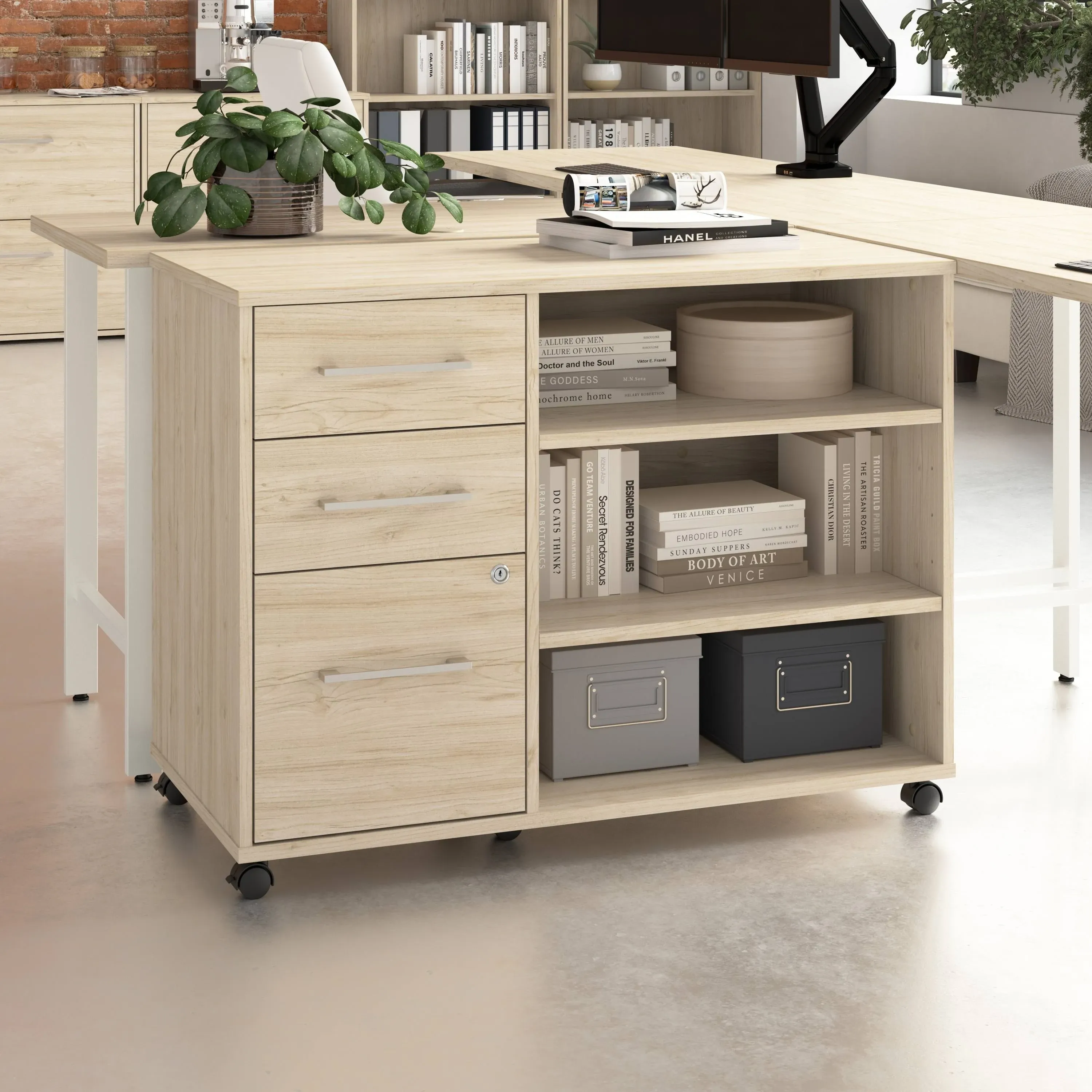 Bush Business Furniture Hustle Office Storage Cabinet with Wheels in Natural Elm, Mobile Organization Unit for Home and Professional Workspace