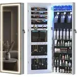 Lvsomt LED Mirror Jewelry Cabinet, Wall / Door Jewelry Organizer Armoire, Full Length Mirror with Jewelry Storage, Over Door Jewelry Cabinet, White