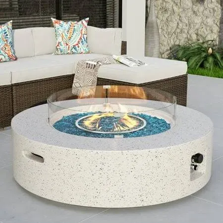 COSIEST Outdoor Propane Fire Pit Coffee Table W Terrazzo White 40.5-inch Round Base Patio Heater Wind Guard Aqua Blue Fire Glass Rain Cover Size: