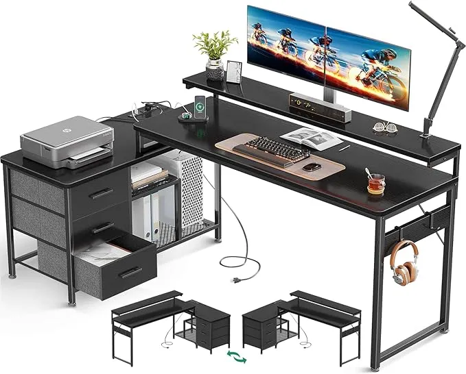 AODK L Shaped Computer Desk with Power Outlets & USB Charging Ports, Reversible L-Shaped Corner Desk with Drawers & Monitor Stand, Home Office Workstation with Storage Cabinet, White, 70 Inch