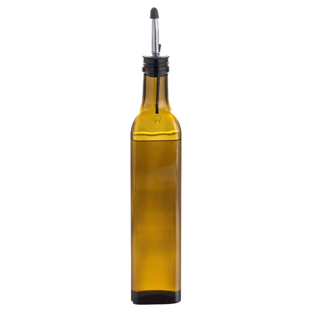 Restaurantware RW Base 16.9 Ounce Olive Oil Dispenser 1 Kitchen Oil Dispenser Bottle - with Stainless Steel Pourer Non-Leaking Amber Glass Olive Oil