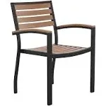 Flash Furniture Stackable Aluminum Patio Chair - All-Weather Black Framed Side Chair with Faux Teak Slats - Commercial Grade - Set of 2