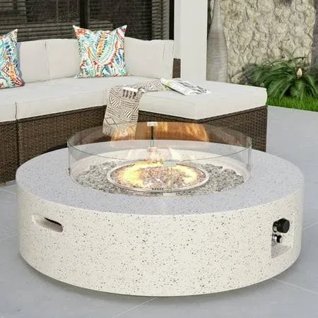 COSIEST Outdoor Propane Fire Pit Coffee Table W Terrazzo White 40.5-Inch Round Base Patio Heater, Wind Guard, Transparent Gray Fire Glass, Rain Cover,