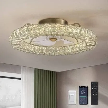 Flush Mount Ceiling Fan with Light, 22&#034; Modern Crystal Gold - 22 Inch