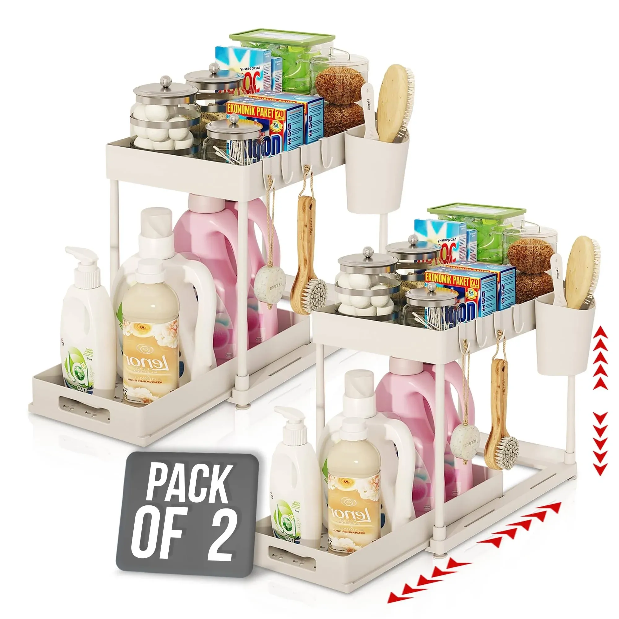 Kitchen Under Sink Organizer – 2 Tier Bathroom Shelf Organizers And Storage Under Sink – Pull Out Multipurpose White Cabinet Organizer - Adjustable Storage Trays For Narrow Space – Pack Of 2