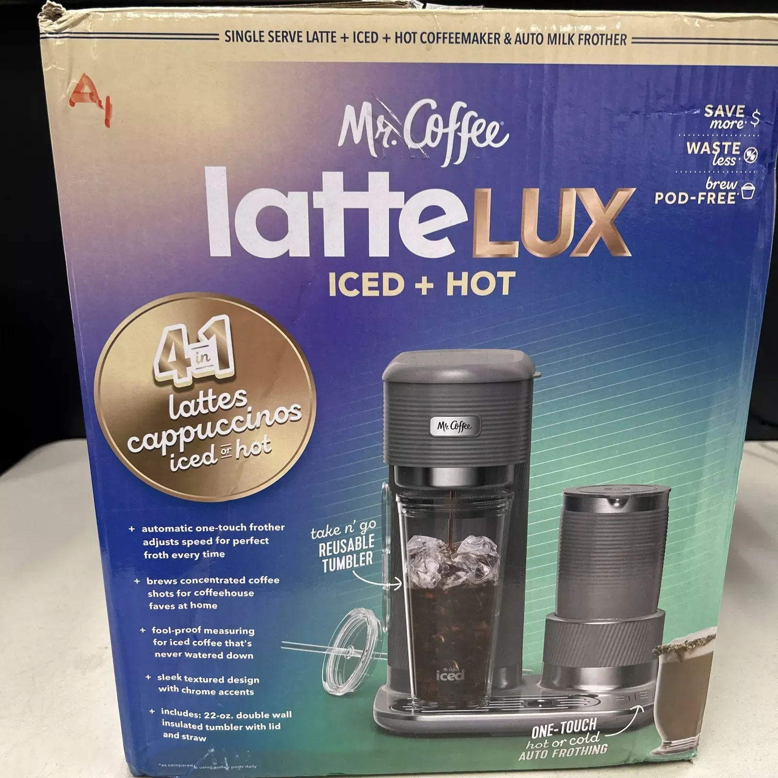 Mr. Coffee 4-in-1 Single-Serve Latte Lux, Iced, and Hot Coffee Maker with Milk