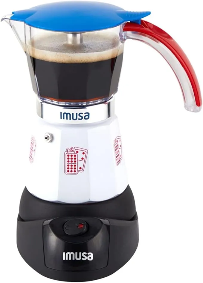 IMUSA Special Edition Electric Cuba/Domino Themed Espresso Maker, 3 or 6 Cups, White, Red, Blue