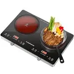 Hot Plate Electric Double Burner 1800W Infrared Double Burner for Cooking with 9 Power Adjustable Temperature, Stainless Steel Easy to Clean,