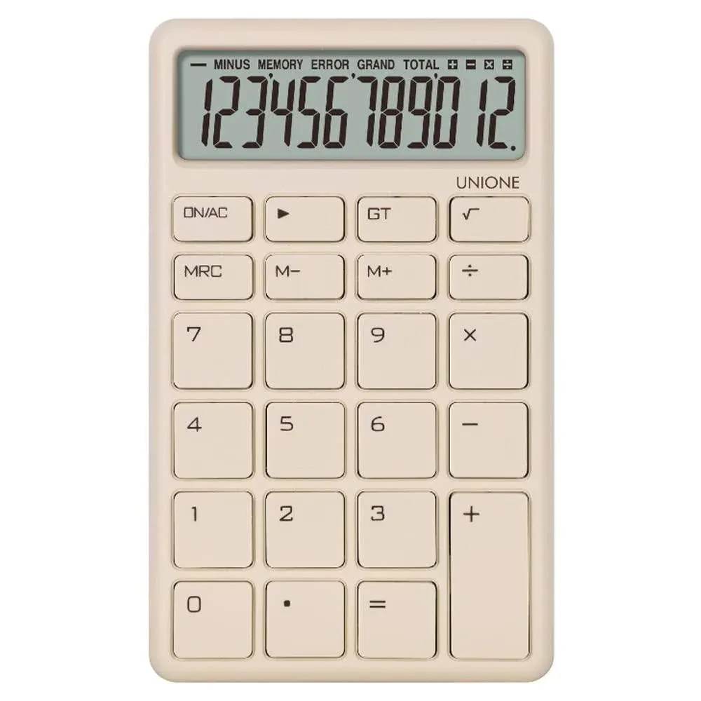 Unione Pocket & Desktop Beige Calculator with A Bright LCD, Dual Power Handheld Desktop. Color. Business, Office, High School