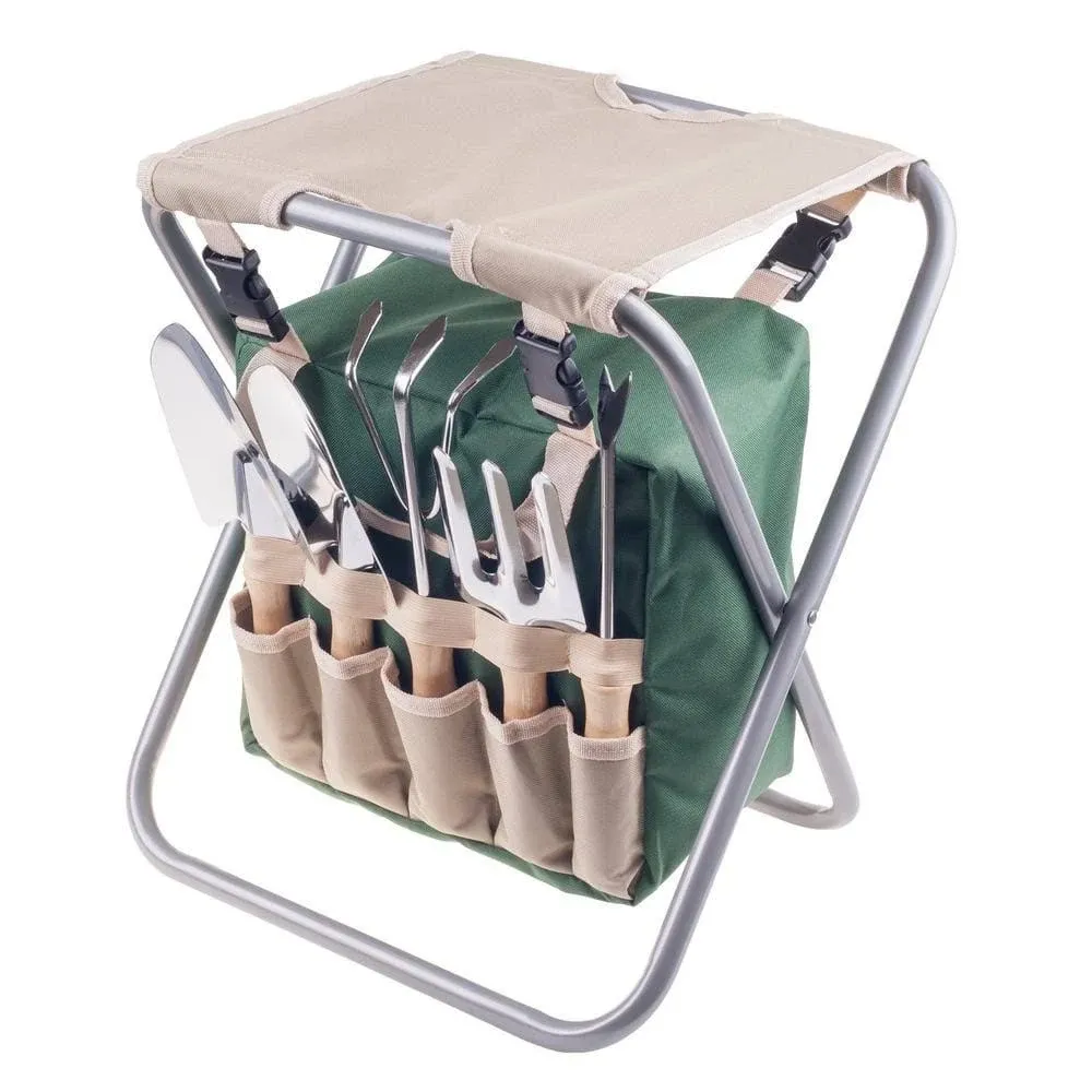 Pure Garden Folding Garden Stool With Tool Bag And 5 Garden Tools