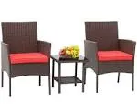 FDW Patio Bistro Conversation Set Wicker Furniture 2 Rattan Chairs Cushions and Glass Coffee Table for Porch Lawn Garden Balcony Backyard, 3 Pieces, B