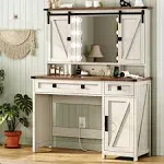 Farmhouse Vanity Desk with Mirror &amp; Lights Dressing Table with Charging Station