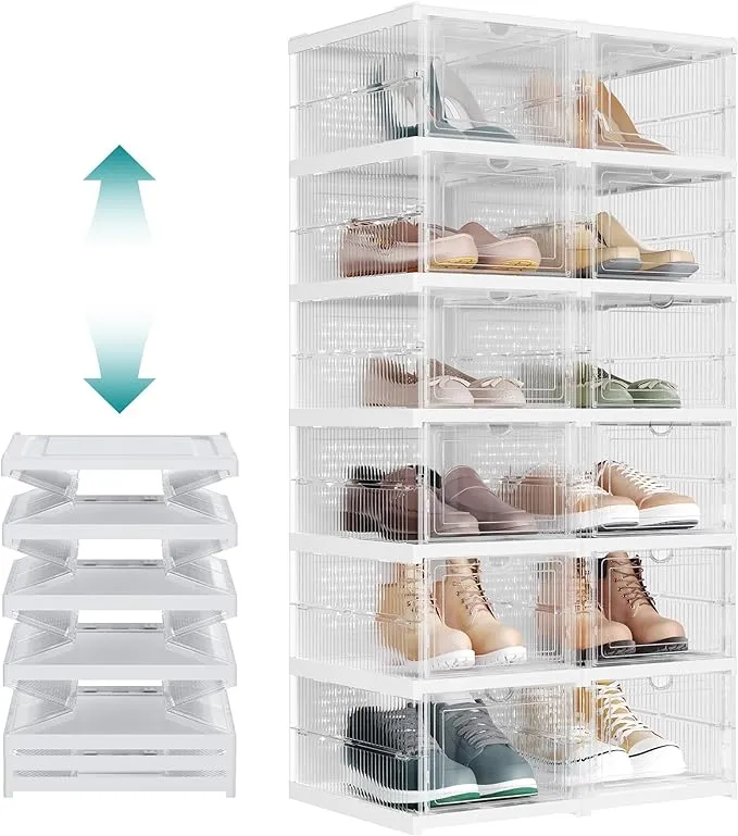 SONGMICS Foldable Shoe Boxes, Pack of 12 Stackable Shoe Storage Organizer, Set of 2 Integraed Shoe Cabinets, Portable, Fit up to US size 13, 60s Assembly, Transparent and Cloud White ULSP206W01