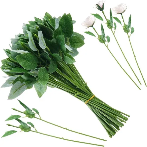 50 Pcs 13&#039;&#039; Rose Stems with Leaves Fake Flower Stems Faux Green Leaves Stems ...